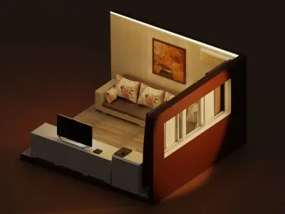 Evening comfortable living room Low-poly 3D model