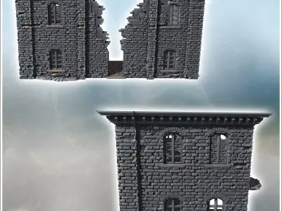 Brick building with missing sections collapsed floors and debris 3D print model