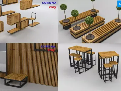 loft set  tables chairs  shelf  hallway bench v-ray corona 3D Model Pack