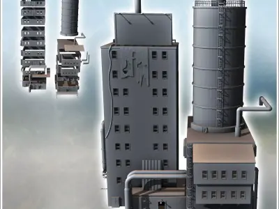 Modern building with a large silo pipes and overhanging annexes  3D print model