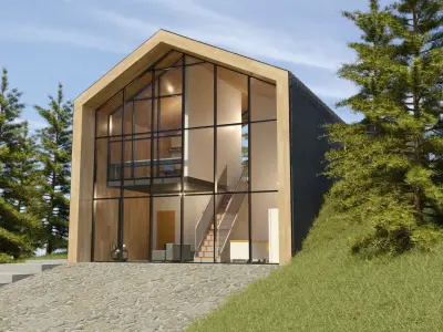 House modern cabin on side of mountain 3D model