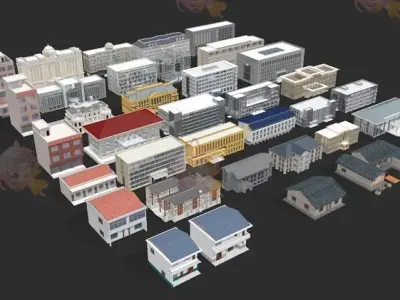 Many buildings low poly with texture  Low-poly 3D model