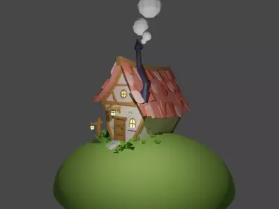 low poly cottage house on hill Low-poly 3D model