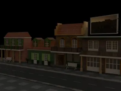 CIty set of buildings on street Low-poly 3D model