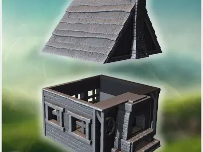 Rural wooden house with stone fireplace annex and thatched roof  3D print model