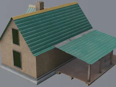 Old neglected yellow brick house with a canopy Low-poly 3D model