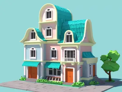 Stylized beautiful street town house-03 Low-poly 3D model