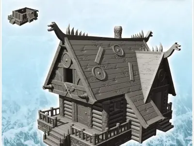 Viking log building with access stairs and fireplace 14 - North  3D print model