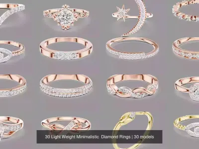 30 Light Weight Minimalistic  Diamond Rings 3D Model Pack