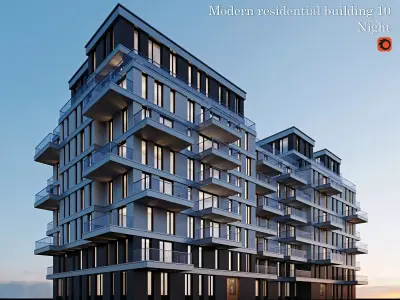 Modern residential building 10 night  3D model