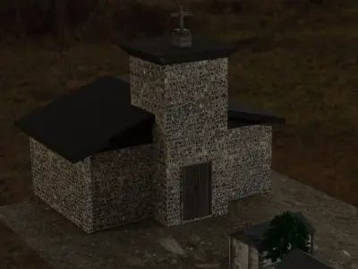 house model with church and a well Low-poly 3D model