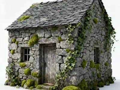Ancient Stone Cottage 3D Model - Overgrown Rustic Home Low-poly 3D model