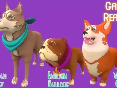 Animated Stylized Orange Corgy Brown Bulldog Light Brown Husky 3D Model Pack