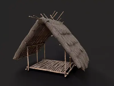 Primitive Wooden Shelter with Thatch Roof 2 Low-poly 3D model