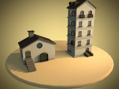 cartoon houses in Spanish cottage style 3D model