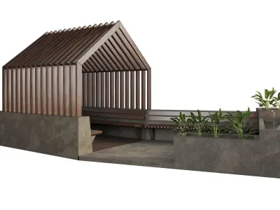 Pergola with drinking fountain and greenery 3D model