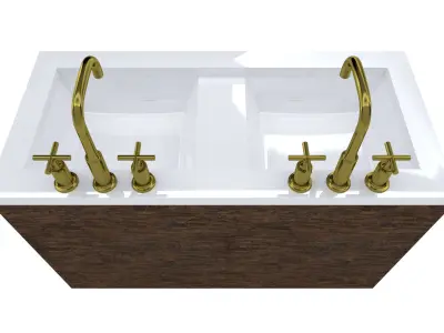 Vanity bathroom with two sinks and brass faucets 3D model