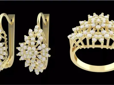 Floral Gold Ring and Earrings Jewelry Set 3D print model