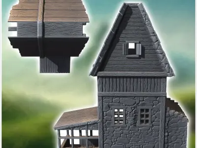 Large medieval building with covered annex and wooden roof 2 - M 3D print model