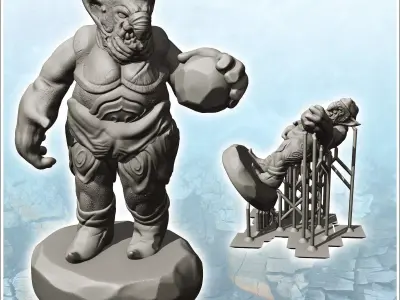 Curved-nosed troll with large hand and rock 15 - Medieval Fantas 3D print model