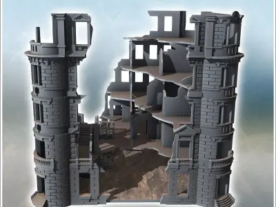 Building with rounded corners and brick walls destroyed version  3D print model