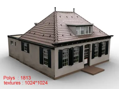 Low-Poly Houses brick building with roof Low-poly 3D model