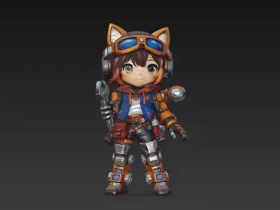 Chibi Tech Mechanic Catgirl - Stylized Game-Ready Character Low-poly 3D model