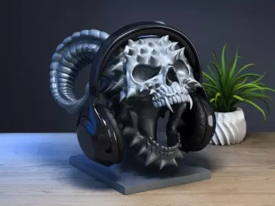 Skull dragon horns scream Headphone Stand Cyborg Headset Stand 3D print model