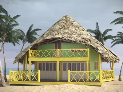  Tropical Beach Hut with Thatched Roof and Yellow Railings 