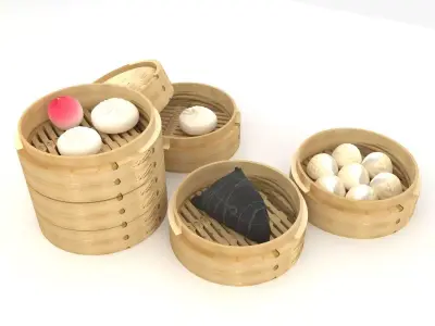 Chinese dim sum in steamer bamboo 3D model