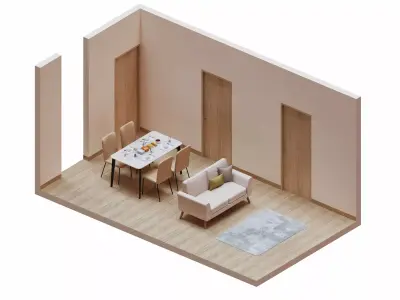 Isometric Dining Living Room With Wood Floor 3D model