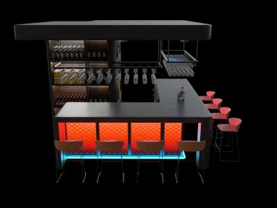 Barcounter bar with lights and chairs 3D model