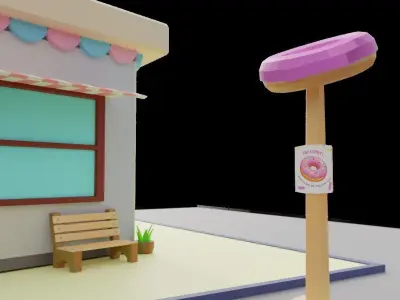 Low Poly Patisserie donut shop with tables and chairs Low-poly 3D model