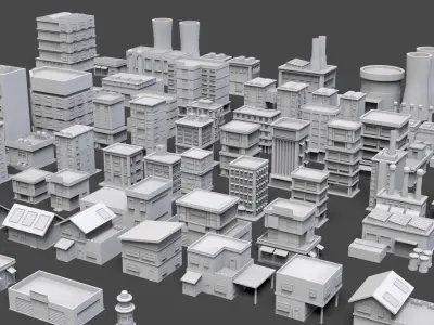 Low Poly City Buildings Pack Of 60 - Game Ready - Untextured  Low-poly 3D model