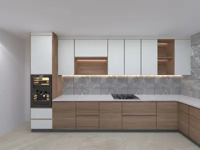 Kitchen 3D modern with cabinets and wooden counter tops 3D model