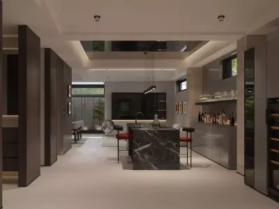 Modern Basement Interior with Tea RoomBarLounge TV Area 3D model