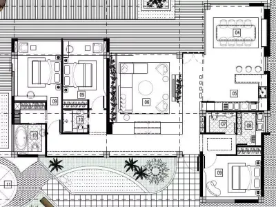 Modern Villa Plan with Pool Fire Pit and Gazebo  3D model