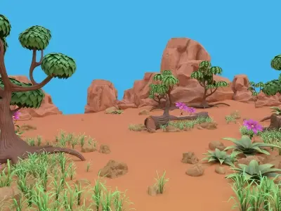 Cartoon set desert with rocks and trees 3D model