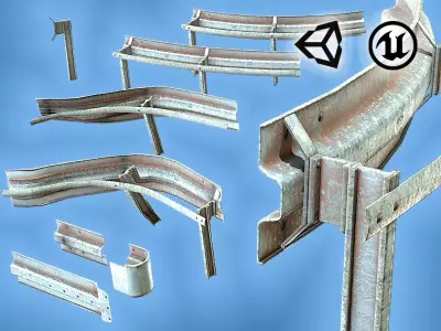 Modular - Rusty road safety barrier Kit - 3D VR  AR  game ready  Low-poly 3D model