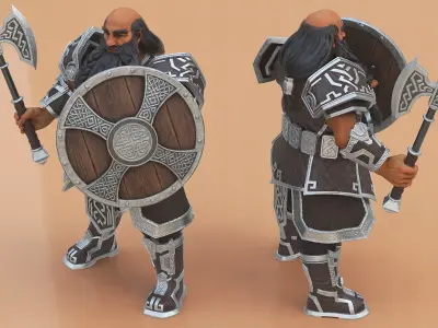  Dwarf Fighter with Axe and Shield Rigged 