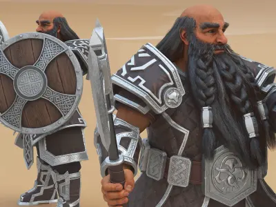  Dwarf Fighter with Axe and Shield Rigged 