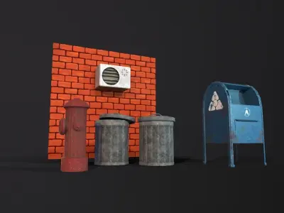 Stylized city street props trash can post box hydrant asset  Low-poly 3D model