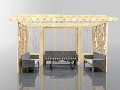 Pergola 1 wooden with couches and chairs 3D model