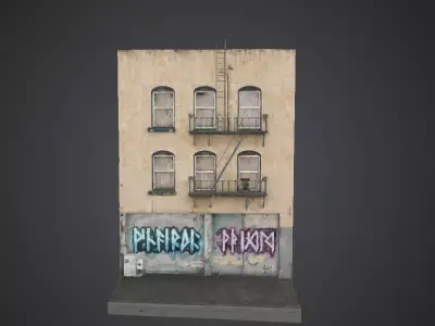 Modular Urban Building Facade with Fire Escape and Graffiti  Low-poly 3D model