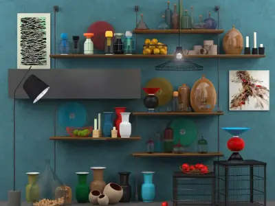 Decorative set of accessories also furniture and floor lamp Low-poly 3D model