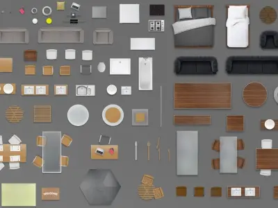 2d furniture floorplan top view PSD 3D model render wood 3D model