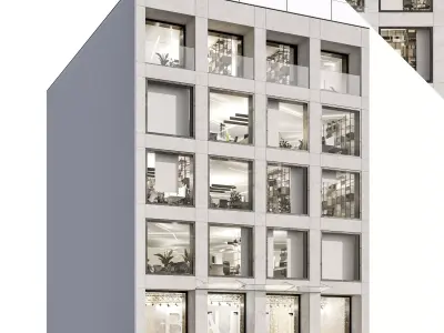 Modern office facade 01 at night with simple interiors 3D model