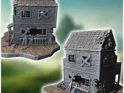 Two-story ruined house with damaged balcony shattered windows an 3D print model