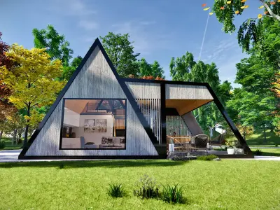 Modern a frame house w fireplace and hot tube Low-poly 3D model