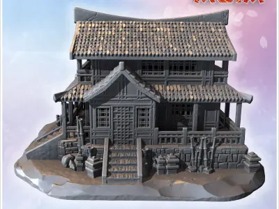 Traditional two-story house with tiled roof wooden railings and  3D print model